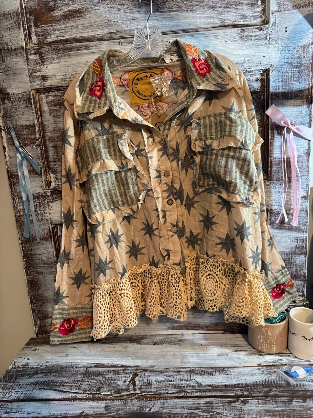 Embroidered Lace-Hem Button Front Shirt - Beige with Blue Star Print